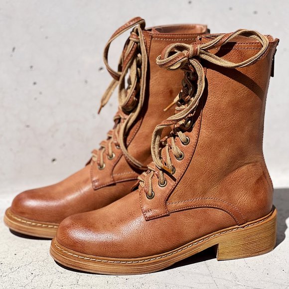 NEW Camel Brown Laced Up Zipper Back Wooden Heel Mid Calf Ankle Combat Boots - Picture 13 of 13